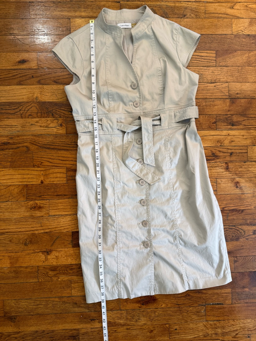 Calvin Klein Safari Sheath Midi Beige Belted Button Front Mock Neck Dress 12 - Picture 11 of 15